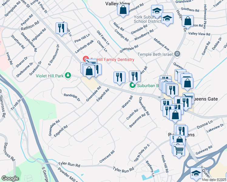 map of restaurants, bars, coffee shops, grocery stores, and more near 1860 South Queen Street in York