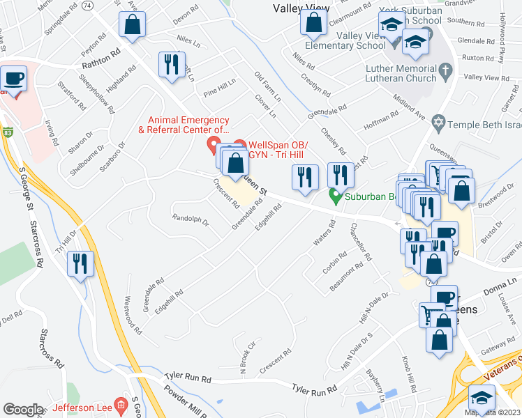map of restaurants, bars, coffee shops, grocery stores, and more near 386 Greendale Road in York