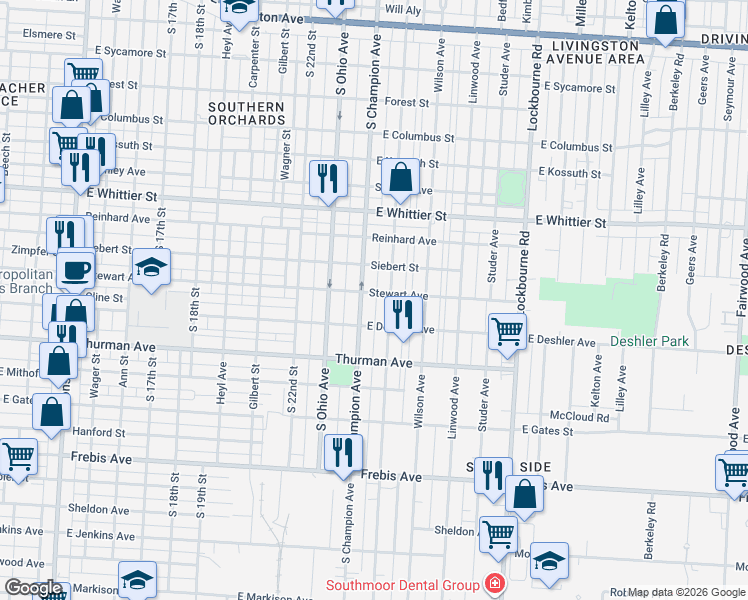 map of restaurants, bars, coffee shops, grocery stores, and more near 1212 Oakwood Avenue in Columbus