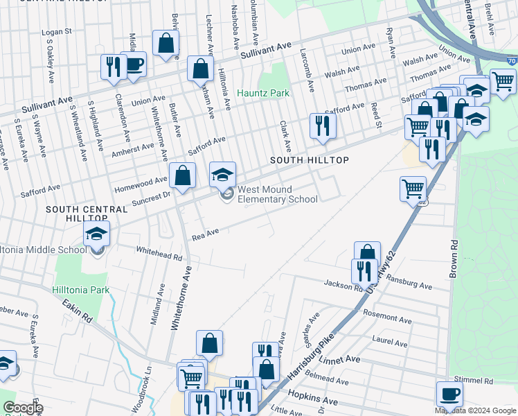 map of restaurants, bars, coffee shops, grocery stores, and more near 1955 Vaughn Street in Columbus