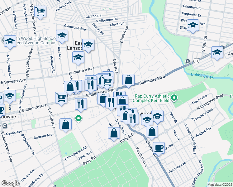 map of restaurants, bars, coffee shops, grocery stores, and more near in Delaware County