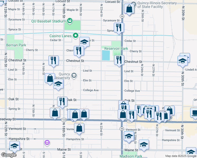 map of restaurants, bars, coffee shops, grocery stores, and more near 2061 Elm Street in Quincy