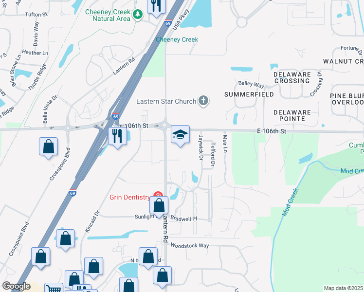 map of restaurants, bars, coffee shops, grocery stores, and more near 10595 Lantern Road in Fishers