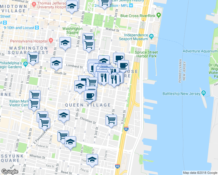 map of restaurants, bars, coffee shops, grocery stores, and more near 630 South American Street in Philadelphia