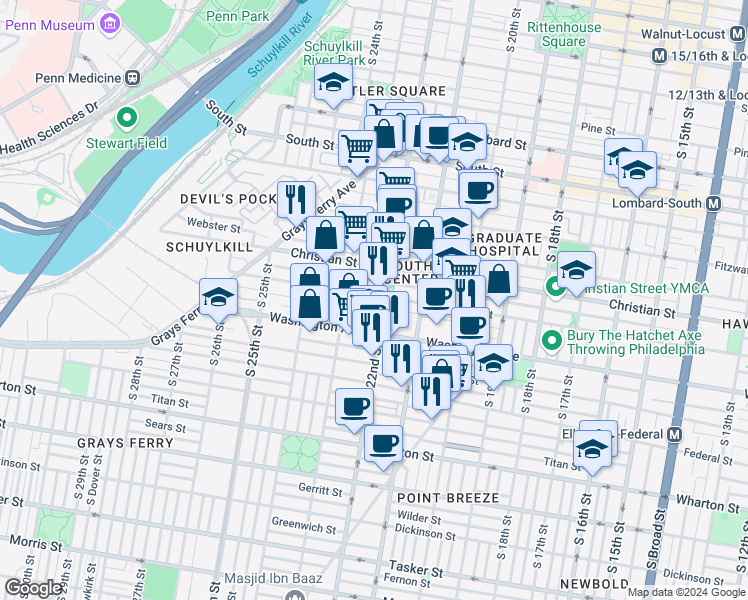 map of restaurants, bars, coffee shops, grocery stores, and more near 2206 Carpenter Street in Philadelphia