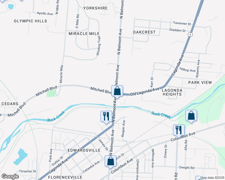 map of restaurants, bars, coffee shops, grocery stores, and more near 1942 Mitchell Boulevard in Springfield