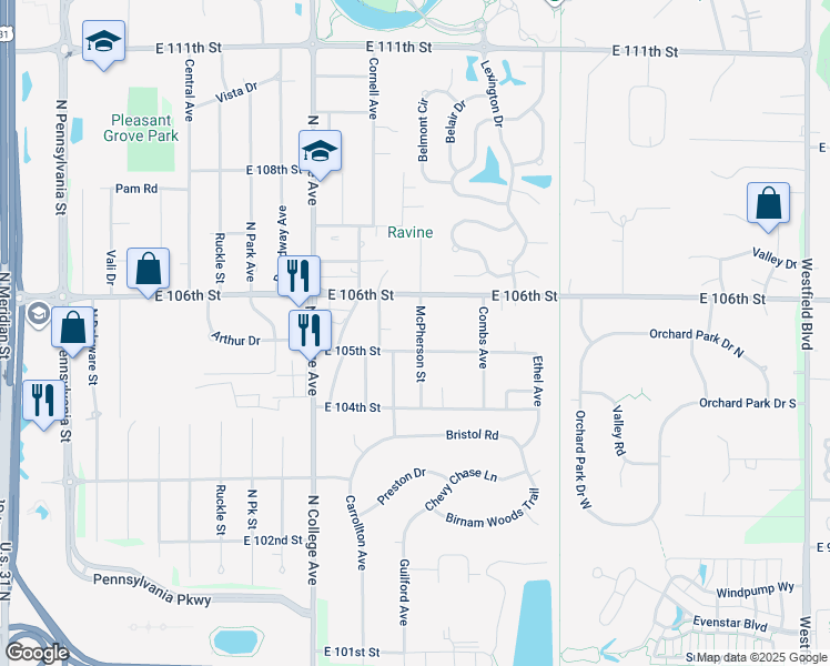map of restaurants, bars, coffee shops, grocery stores, and more near 10530 McPherson Street in Indianapolis