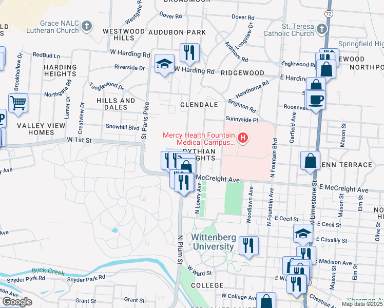 map of restaurants, bars, coffee shops, grocery stores, and more near 322 West 1st Street in Springfield