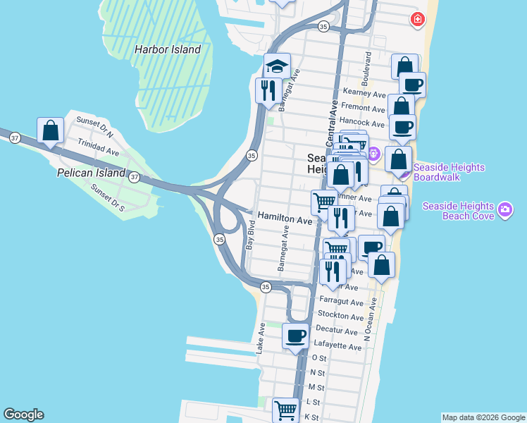 map of restaurants, bars, coffee shops, grocery stores, and more near 330 Hamilton Avenue in Seaside Heights