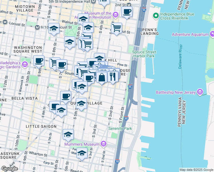 map of restaurants, bars, coffee shops, grocery stores, and more near 630 South American Street in Philadelphia