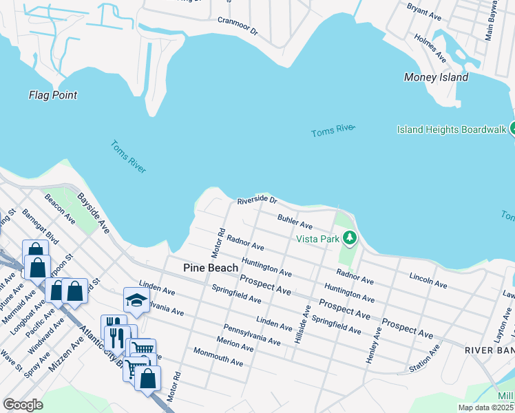 map of restaurants, bars, coffee shops, grocery stores, and more near 5 Avon Road in Pine Beach