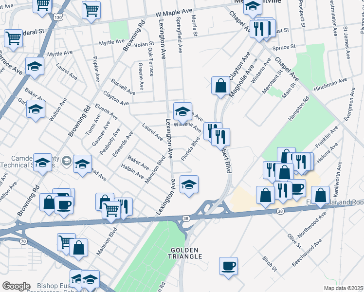 map of restaurants, bars, coffee shops, grocery stores, and more near 5529 Laurel Avenue in Pennsauken Township