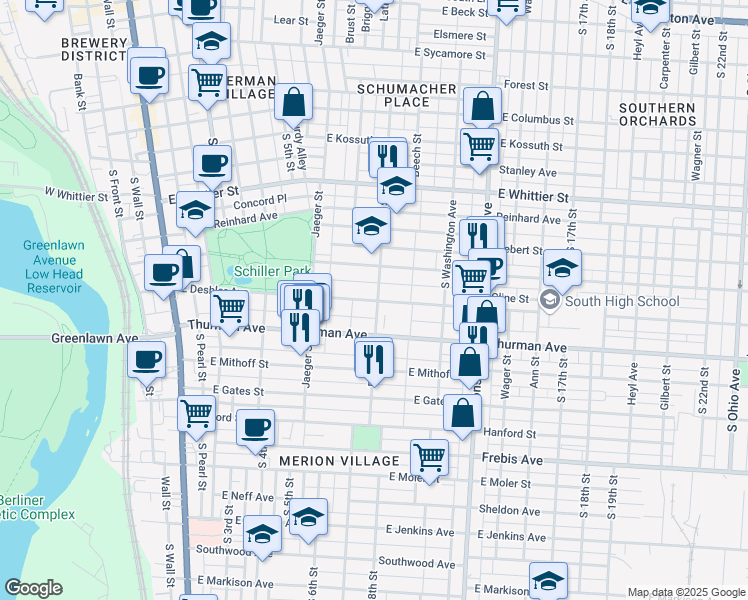 map of restaurants, bars, coffee shops, grocery stores, and more near 313 East Deshler Avenue in Columbus