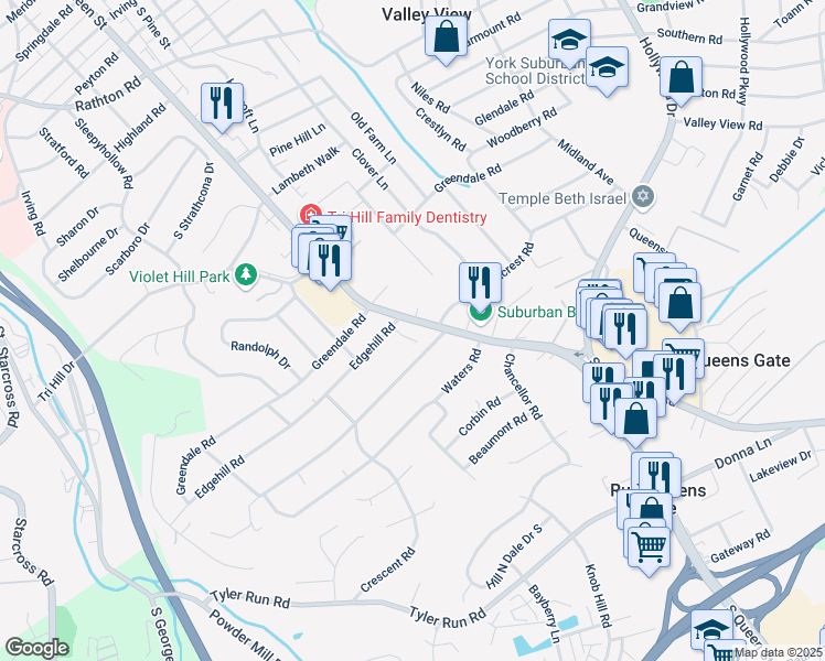 map of restaurants, bars, coffee shops, grocery stores, and more near 1860 South Queen Street in York