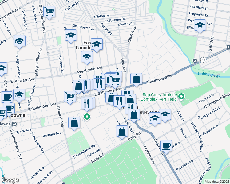 map of restaurants, bars, coffee shops, grocery stores, and more near 918 East Baltimore Avenue in Lansdowne