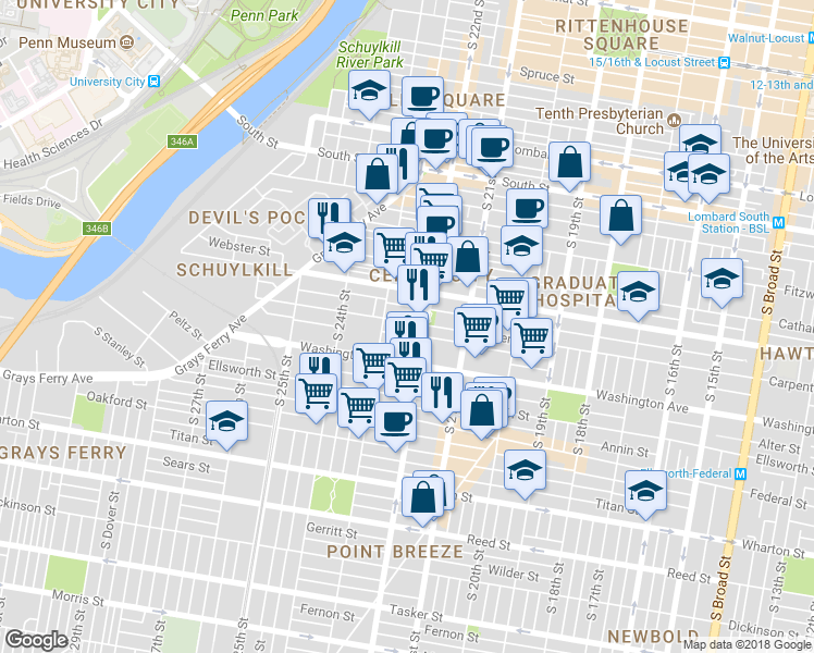 map of restaurants, bars, coffee shops, grocery stores, and more near 2216 Carpenter Street in Philadelphia