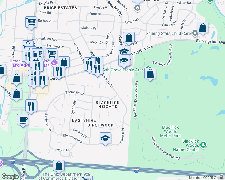 map of restaurants, bars, coffee shops, grocery stores, and more near 2025 Baldwin Road in Reynoldsburg