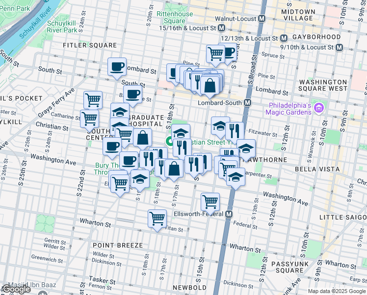 map of restaurants, bars, coffee shops, grocery stores, and more near 901 South 17th Street in Philadelphia