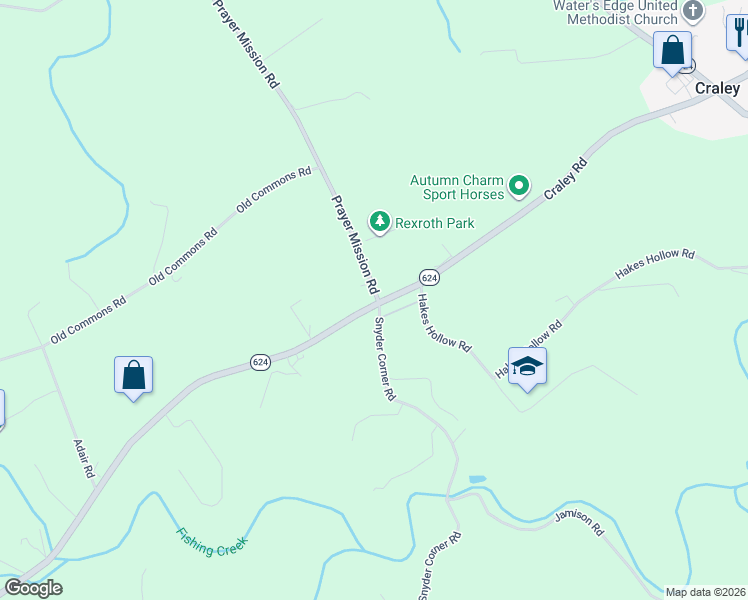 map of restaurants, bars, coffee shops, grocery stores, and more near 1928 Prayer Mission Road in Windsor