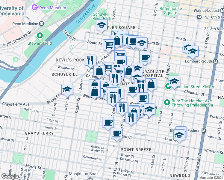map of restaurants, bars, coffee shops, grocery stores, and more near 2216 Carpenter Street in Philadelphia