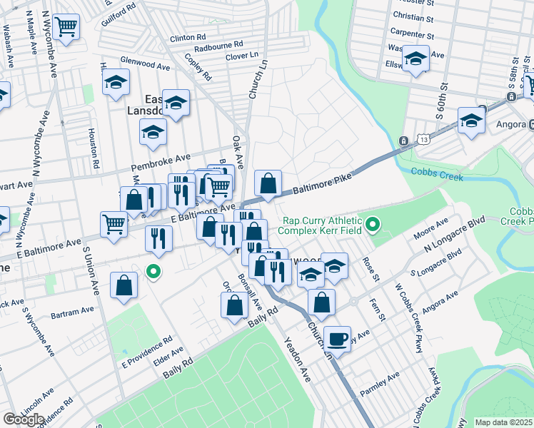 map of restaurants, bars, coffee shops, grocery stores, and more near 21 Oxford Avenue in Lansdowne