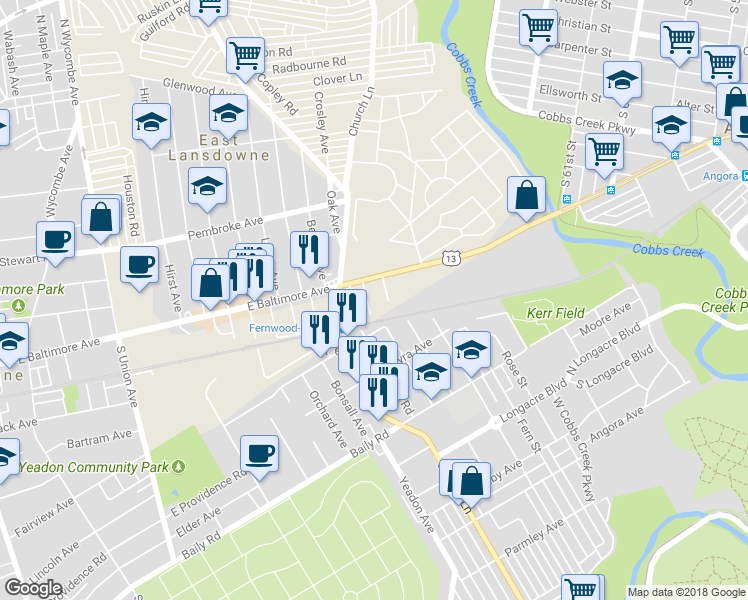 map of restaurants, bars, coffee shops, grocery stores, and more near 21 Oxford Avenue in Lansdowne