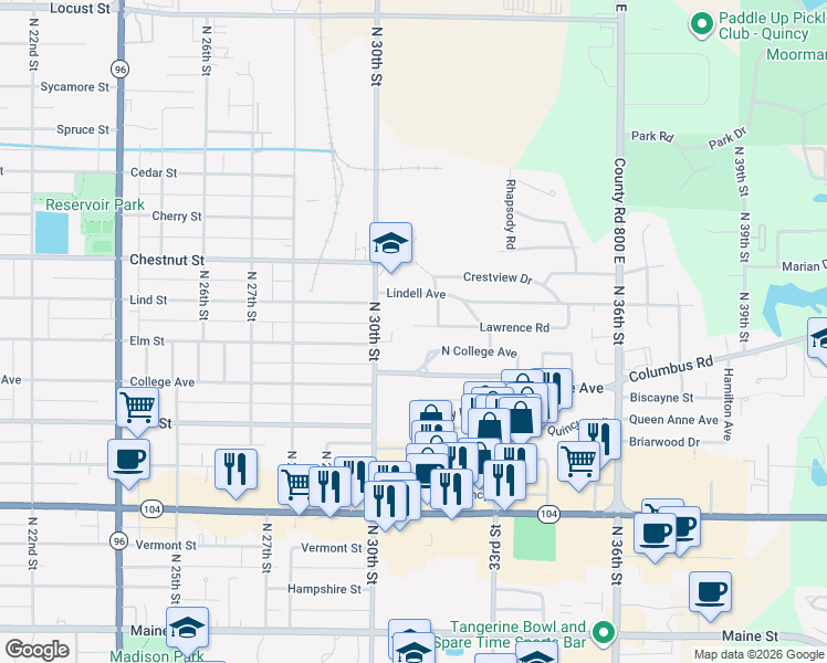 map of restaurants, bars, coffee shops, grocery stores, and more near 3020 Lawrence Road in Quincy
