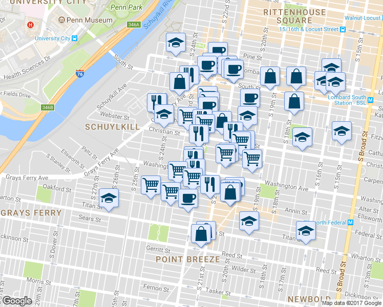 map of restaurants, bars, coffee shops, grocery stores, and more near 2222 Carpenter Street in Philadelphia