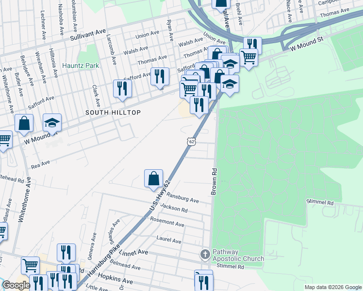 map of restaurants, bars, coffee shops, grocery stores, and more near 801 Harrisburg Pike in Columbus