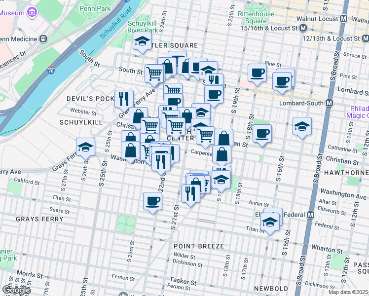 map of restaurants, bars, coffee shops, grocery stores, and more near 918 South 21st Street in Philadelphia
