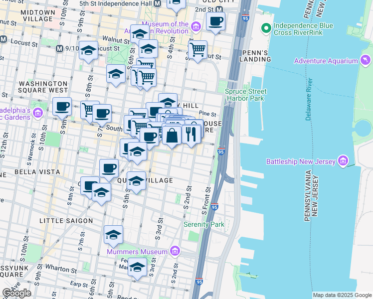 map of restaurants, bars, coffee shops, grocery stores, and more near 623 South American Street in Philadelphia