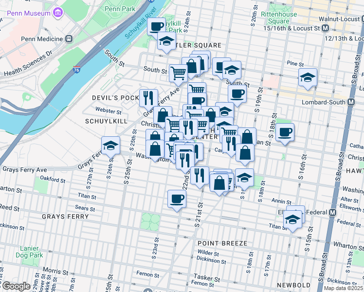 map of restaurants, bars, coffee shops, grocery stores, and more near 2222 Carpenter Street in Philadelphia