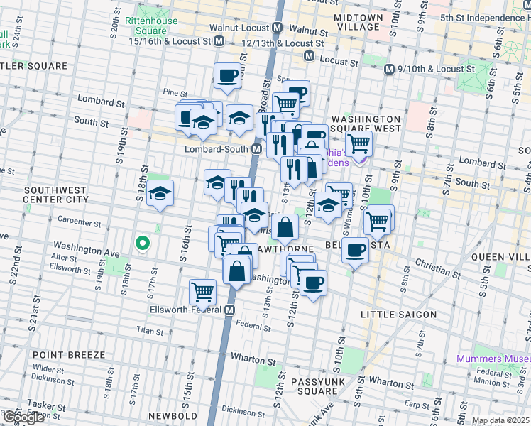 map of restaurants, bars, coffee shops, grocery stores, and more near Catharine Street in Philadelphia