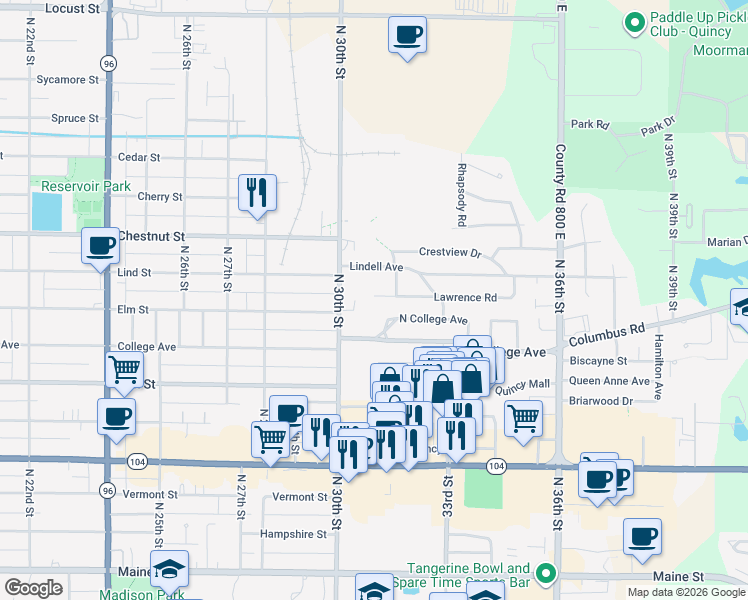 map of restaurants, bars, coffee shops, grocery stores, and more near 3020 Lawrence Road in Quincy