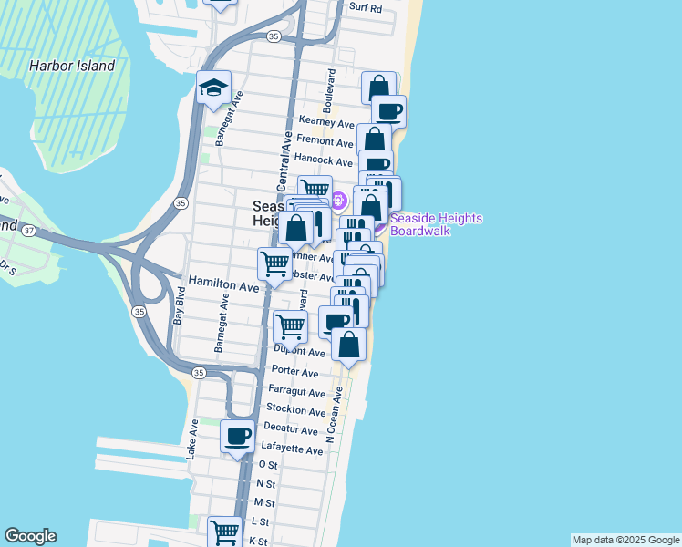 map of restaurants, bars, coffee shops, grocery stores, and more near 30 Webster Avenue in Seaside Heights