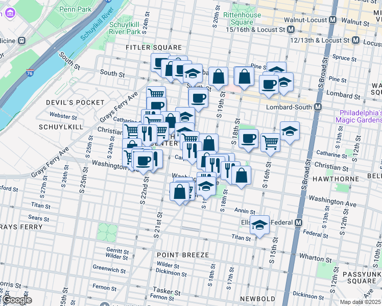 map of restaurants, bars, coffee shops, grocery stores, and more near 1928 Montrose Street in Philadelphia