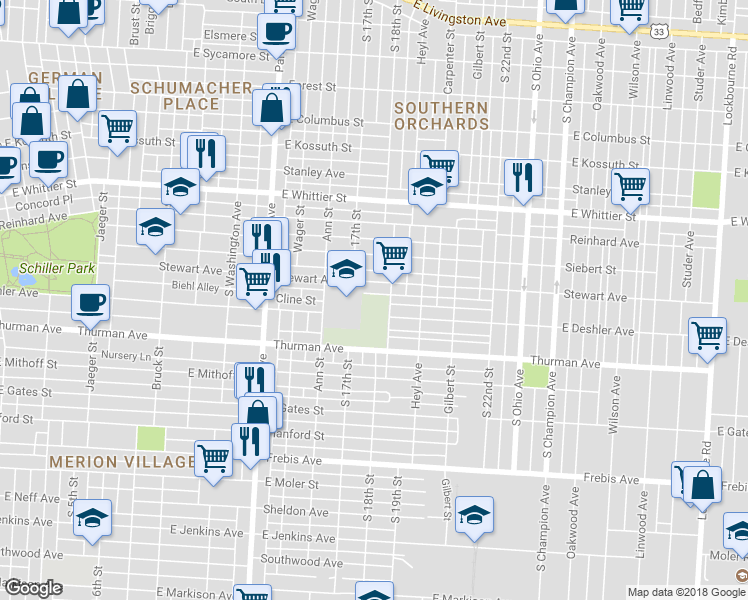 map of restaurants, bars, coffee shops, grocery stores, and more near 1153 South 18th Street in Columbus