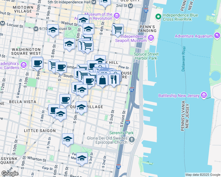 map of restaurants, bars, coffee shops, grocery stores, and more near 623 South American Street in Philadelphia