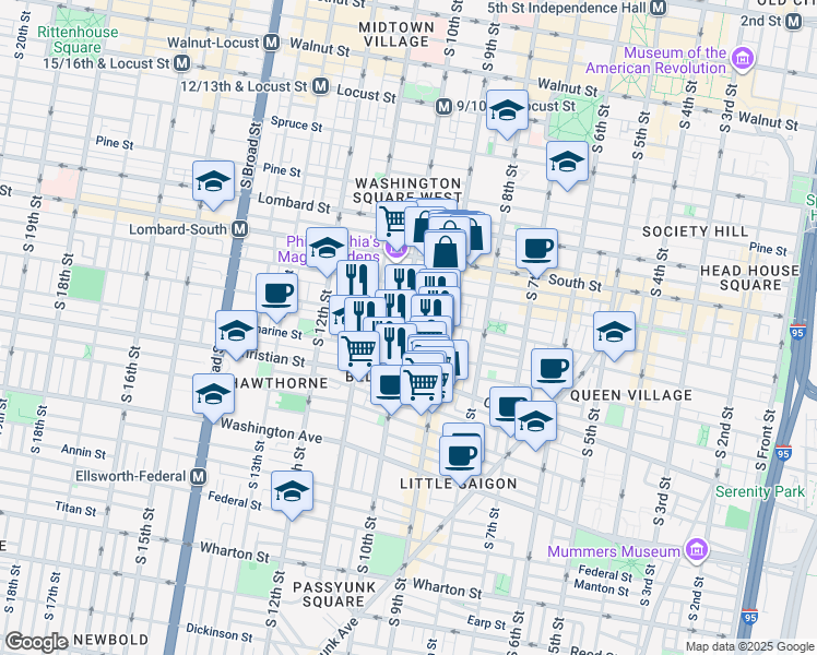 map of restaurants, bars, coffee shops, grocery stores, and more near 745 South 10th Street in Philadelphia