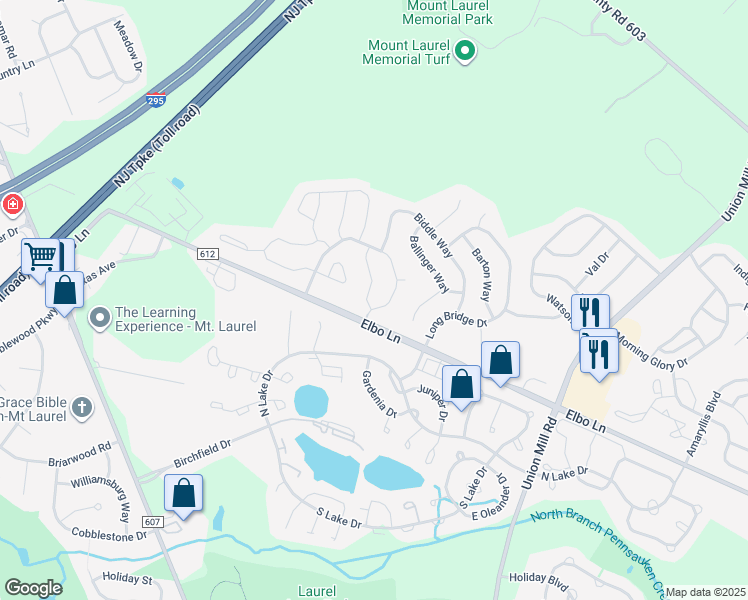 map of restaurants, bars, coffee shops, grocery stores, and more near 10 Elkington Drive in Mount Laurel Township