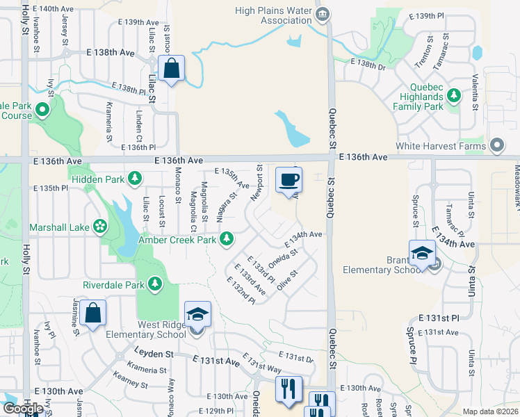 map of restaurants, bars, coffee shops, grocery stores, and more near 6752 East 135th Avenue in Thornton