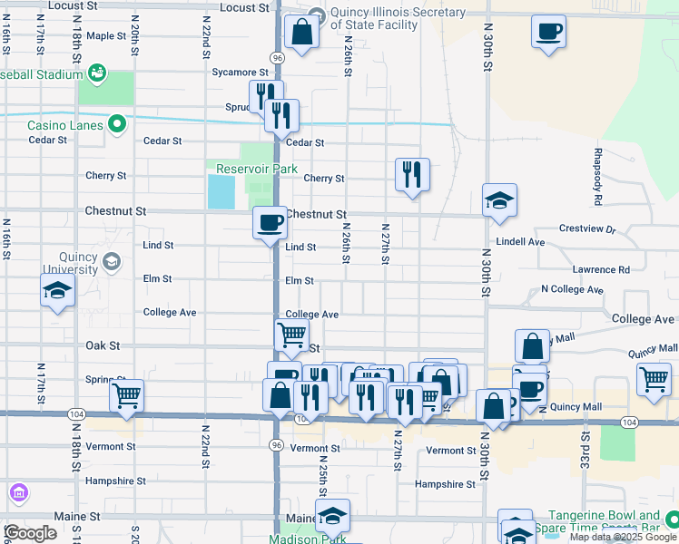 map of restaurants, bars, coffee shops, grocery stores, and more near 2533 Elm St in Quincy