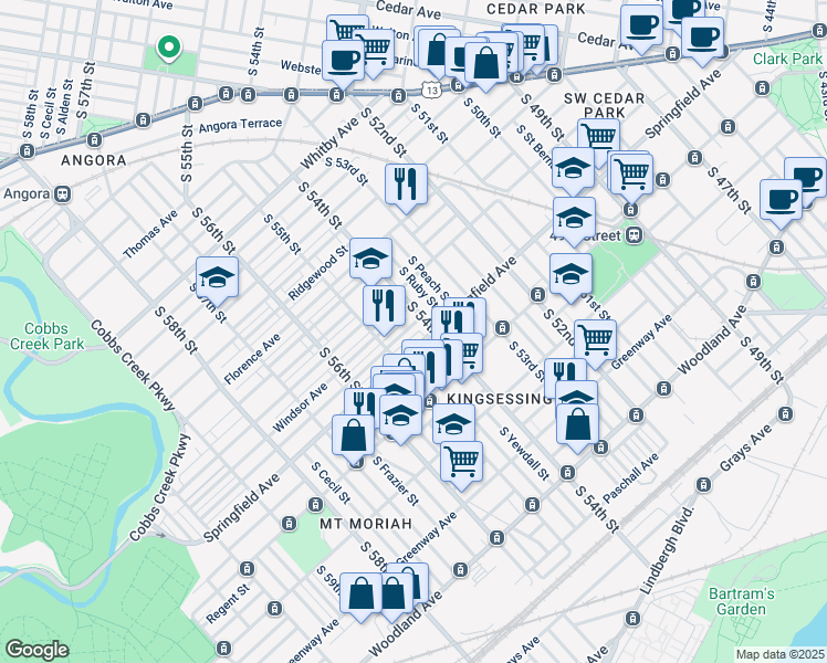map of restaurants, bars, coffee shops, grocery stores, and more near 5416 Belmar Terrace in Philadelphia