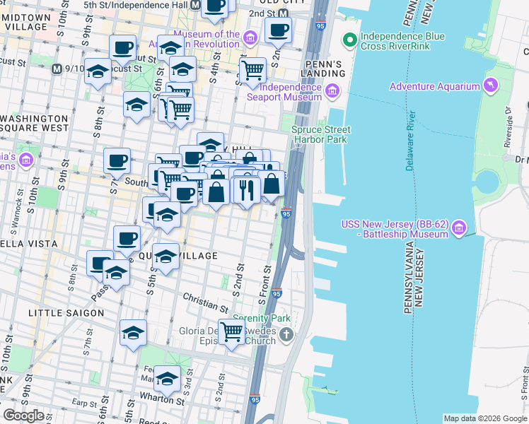 map of restaurants, bars, coffee shops, grocery stores, and more near 621 South 2nd Street in Philadelphia