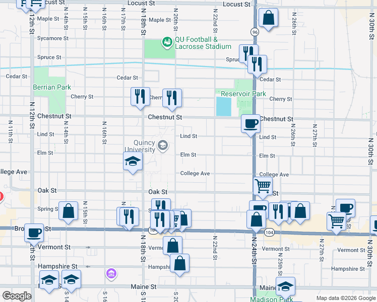 map of restaurants, bars, coffee shops, grocery stores, and more near 2027 Elm Street in Quincy