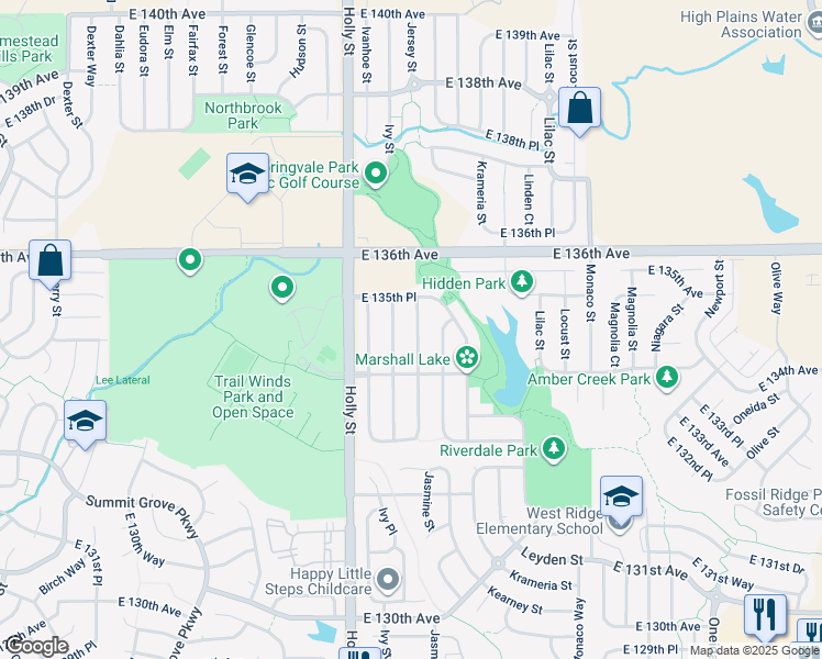 map of restaurants, bars, coffee shops, grocery stores, and more near 13444 Jasmine Street in Thornton