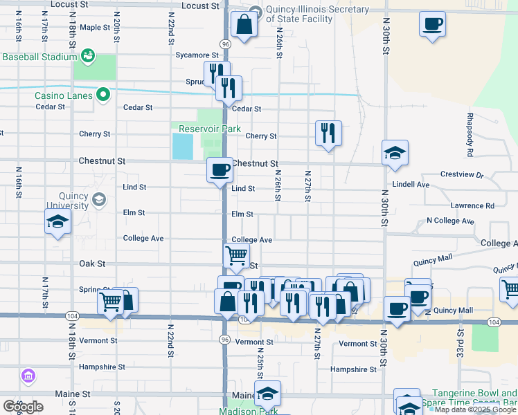 map of restaurants, bars, coffee shops, grocery stores, and more near 2533-2599 Elm Street in Quincy