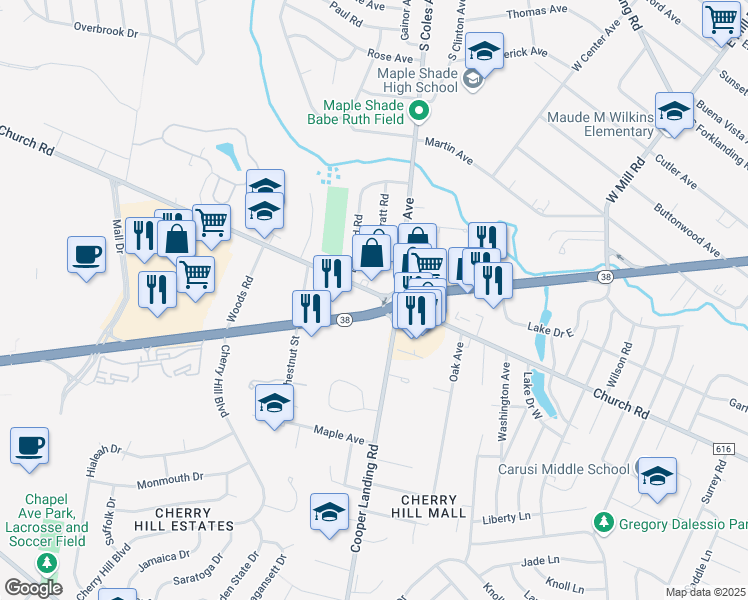 map of restaurants, bars, coffee shops, grocery stores, and more near 2328 New Jersey 38 in Cherry Hill