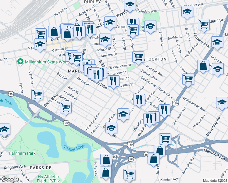 map of restaurants, bars, coffee shops, grocery stores, and more near 464 Marlton Avenue in Camden
