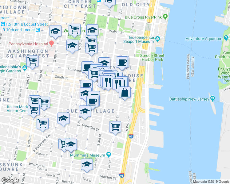 map of restaurants, bars, coffee shops, grocery stores, and more near in Philadelphia
